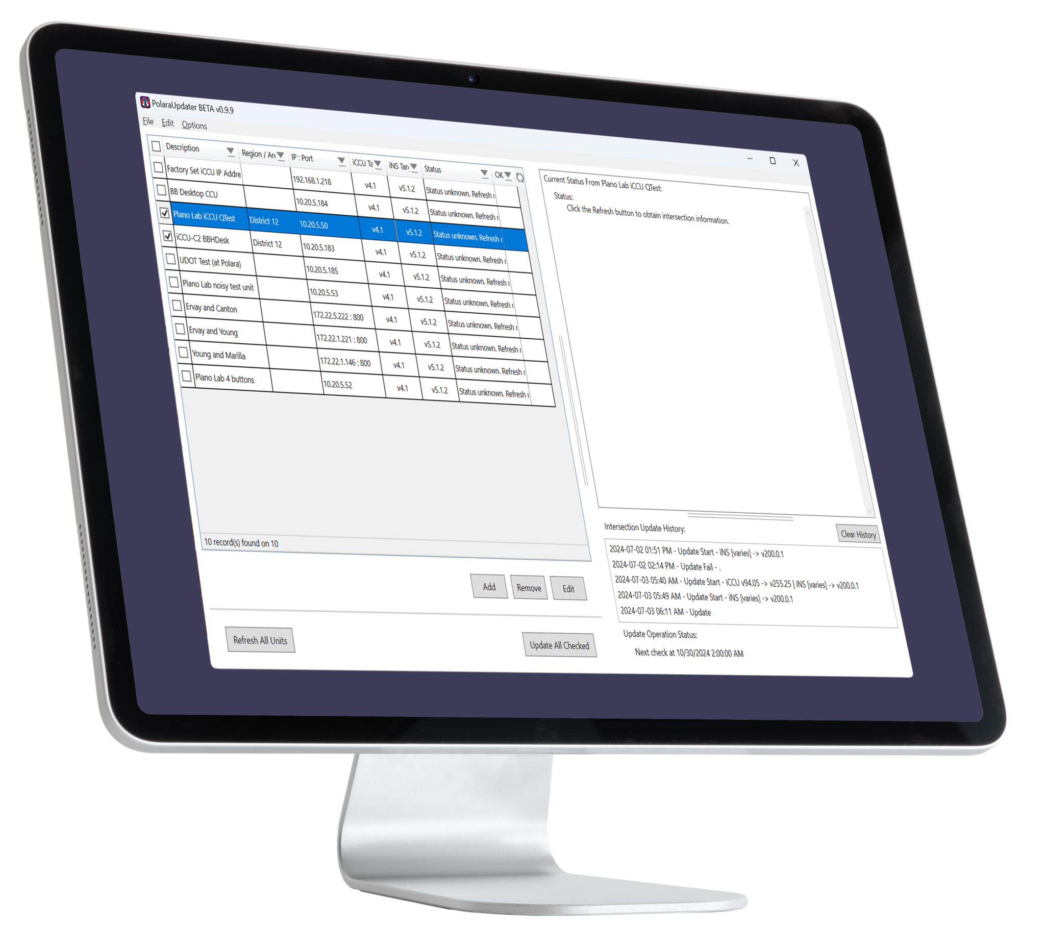 A desktop computer running Polara Updater.